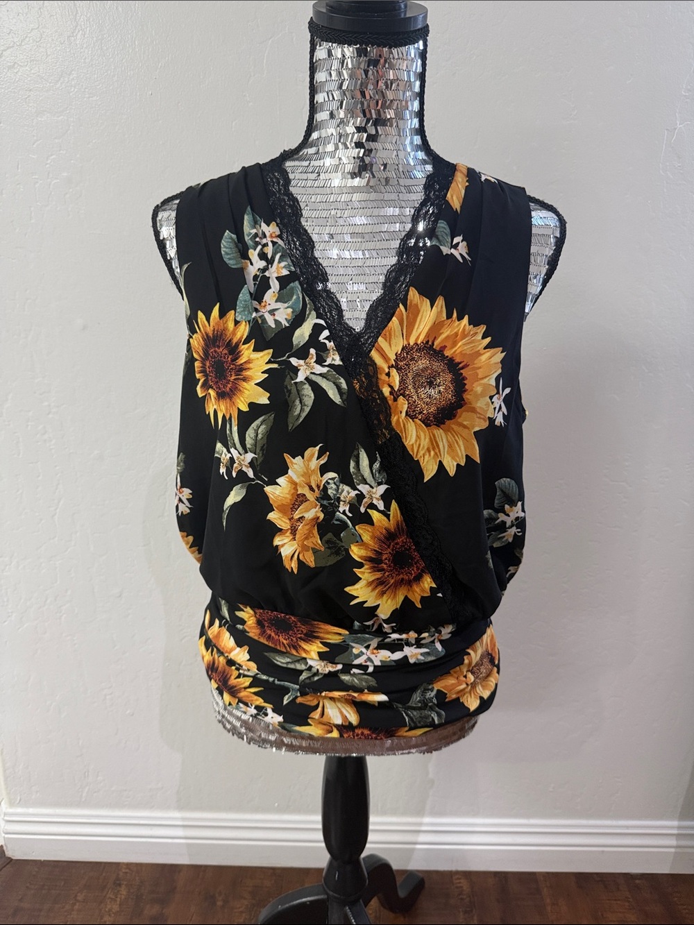 White House Black Market Black Sunflower Lace-Trim Wrap Camisole